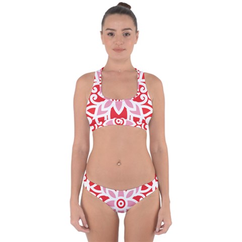 A Red And White Pattern With A Flower On It Cross Back Hipster Bikini Set from ArtsNow.com