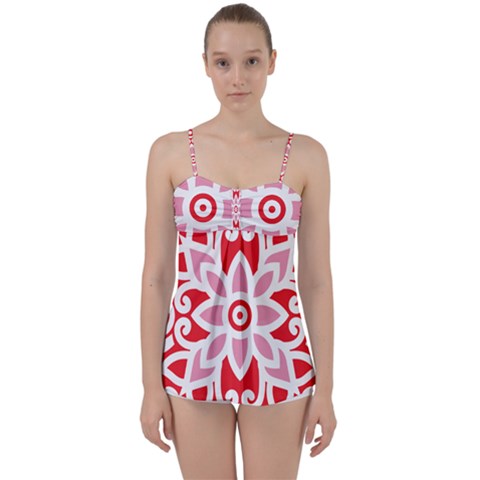 A Red And White Pattern With A Flower On It Babydoll Tankini Top from ArtsNow.com