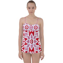 A Red And White Pattern With A Flower On It Babydoll Tankini Top from ArtsNow.com