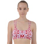 A Red And White Pattern With A Flower On It Line Them Up Sports Bra