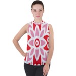 A Red And White Pattern With A Flower On It Mock Neck Chiffon Sleeveless Top