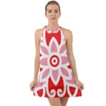 A Red And White Pattern With A Flower On It Halter Tie Back Chiffon Dress