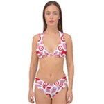 A Red And White Pattern With A Flower On It Double Strap Halter Bikini Set