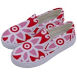 A Red And White Pattern With A Flower On It Kids  Canvas Slip Ons