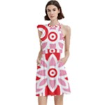 A Red And White Pattern With A Flower On It Cocktail Party Halter Sleeveless Dress With Pockets