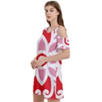 A Red And White Pattern With A Flower On It Women s Cold Shoulder Round Neck Mini Dress