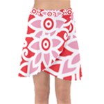 A Red And White Pattern With A Flower On It Wrap Front Skirt