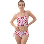 A Red And White Pattern With A Flower On It Mini Tank Bikini Set