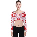 A Red And White Pattern With A Flower On It Velvet Long Sleeve Crop Top