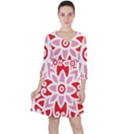 A Red And White Pattern With A Flower On It Quarter Sleeve Ruffle Waist Dress