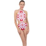 A Red And White Pattern With A Flower On It Halter Side Cut Swimsuit