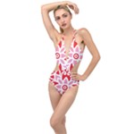 A Red And White Pattern With A Flower On It Plunging Cut Out Swimsuit