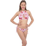 A Red And White Pattern With A Flower On It Cross Front Halter Bikini Set