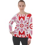 A Red And White Pattern With A Flower On It Off Shoulder Long Sleeve Velour Top