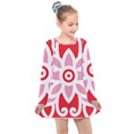 A Red And White Pattern With A Flower On It Kids  Long Sleeve Dress