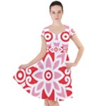 A Red And White Pattern With A Flower On It Cap Sleeve Midi Dress With Pockets