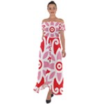 A Red And White Pattern With A Flower On It Off Shoulder Open Front Chiffon Dress