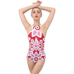 A Red And White Pattern With A Flower On It Cross Front Low Back Swimsuit