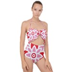 A Red And White Pattern With A Flower On It Scallop Top Cut Out Swimsuit