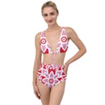 A Red And White Pattern With A Flower On It Tied Up Two Piece Swimsuit