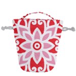 A Red And White Pattern With A Flower On It Drawstring Bucket Bag