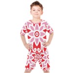 A Red And White Pattern With A Flower On It Kids  T-Shirt and Shorts Set