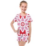 A Red And White Pattern With A Flower On It Kids  Mesh T-Shirt and Shorts Set