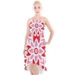 A Red And White Pattern With A Flower On It High-Low Halter Chiffon Dress 