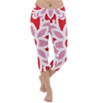 A Red And White Pattern With A Flower On It Lightweight Velour Capri Yoga Leggings