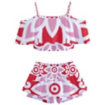 A Red And White Pattern With A Flower On It Kids  Off Shoulder Skirt Bikini