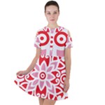 A Red And White Pattern With A Flower On It Short Sleeve Shoulder Cut Out Dress 