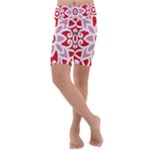 A Red And White Pattern With A Flower On It Kids  Lightweight Velour Cropped Yoga Leggings