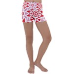 A Red And White Pattern With A Flower On It Kids  Lightweight Velour Yoga Shorts