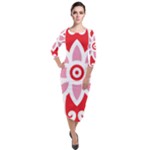 A Red And White Pattern With A Flower On It Quarter Sleeve Midi Velour Bodycon Dress