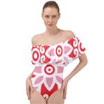 A Red And White Pattern With A Flower On It Off Shoulder Velour Bodysuit 