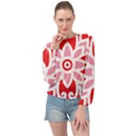 A Red And White Pattern With A Flower On It Banded Bottom Chiffon Top