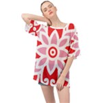 A Red And White Pattern With A Flower On It Oversized Chiffon Top