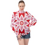 A Red And White Pattern With A Flower On It High Neck Long Sleeve Chiffon Top