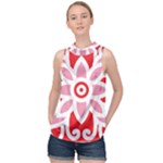 A Red And White Pattern With A Flower On It High Neck Satin Top