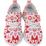 A Red And White Pattern With A Flower On It Kids  Velcro Strap Shoes