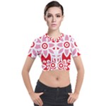 A Red And White Pattern With A Flower On It Short Sleeve Cropped Jacket