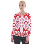 A Red And White Pattern With A Flower On It Velvet Zip Up Jacket