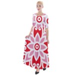 A Red And White Pattern With A Flower On It Half Sleeves Maxi Dress