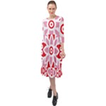 A Red And White Pattern With A Flower On It Ruffle End Midi Chiffon Dress