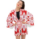 A Red And White Pattern With A Flower On It Long Sleeve Kimono