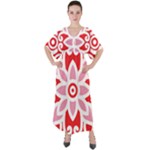 A Red And White Pattern With A Flower On It V-Neck Boho Style Maxi Dress