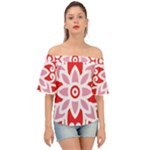 A Red And White Pattern With A Flower On It Off Shoulder Short Sleeve Top