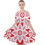 A Red And White Pattern With A Flower On It Cut Out Shoulders Dress