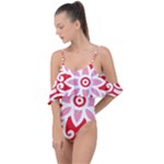 A Red And White Pattern With A Flower On It Drape Piece Swimsuit