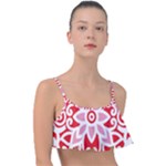 A Red And White Pattern With A Flower On It Frill Bikini Top